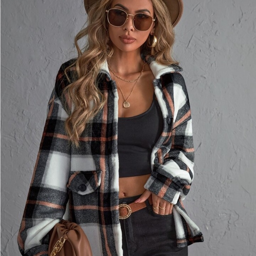 SHEIN Plaid Drop Shoulder Fuzzy Sweater Jacket Shacket